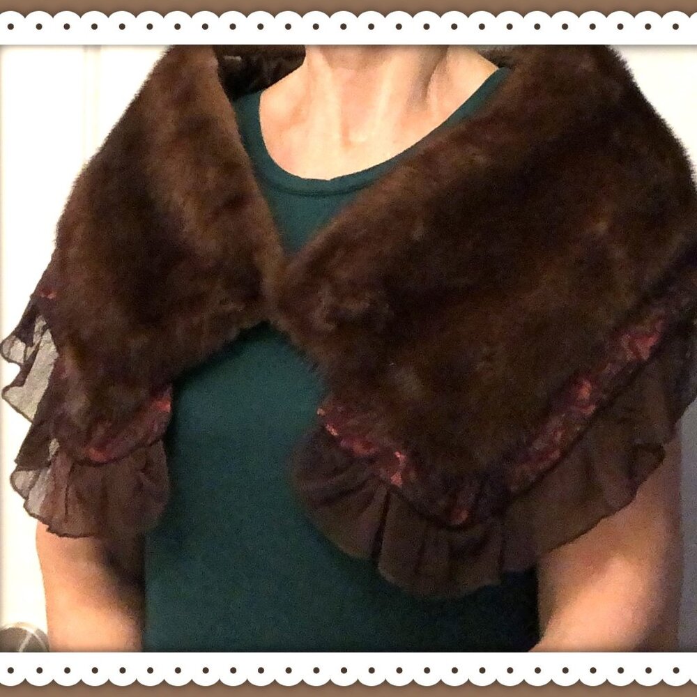 Mink Shoulder Wrap  Fur Shawl Lined With Satin Silk & Lace on Outer Contour